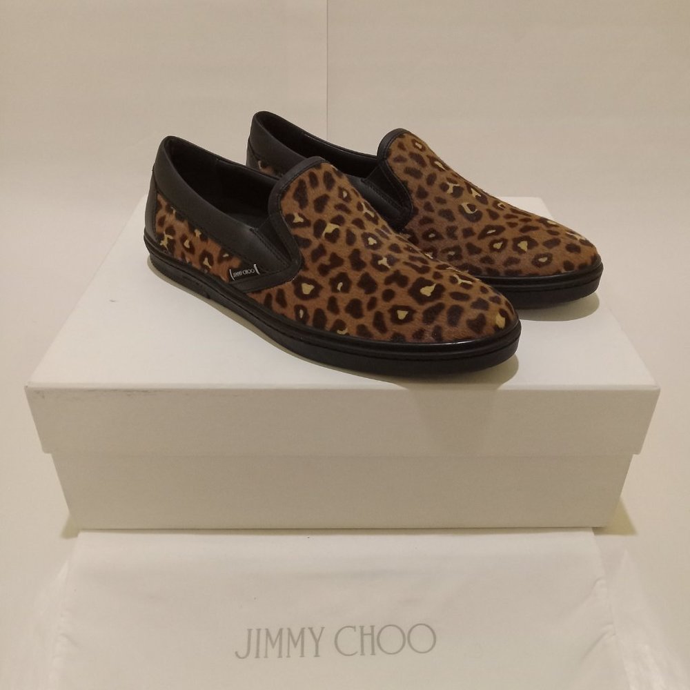 Jimmy Choo Leopard Print Fur Grove Slip-On Sneakers- EU42 US9 and EU43.5 US10.5